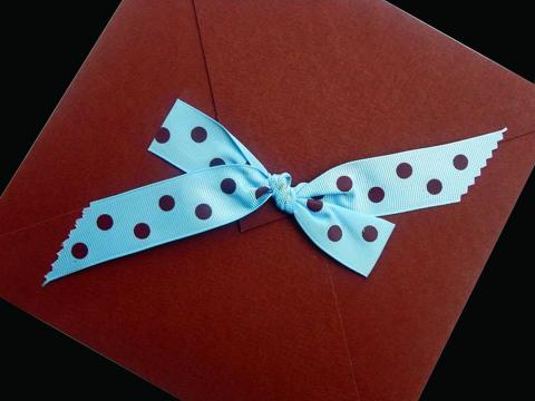 Προσκλητήριο βάπτισης πουά -Β1288 - <p>Τετράγωνο 20x20cm. γκοφρέ προσκλητήριο σε καφέ σιέλ αποχρώσεις και μίνιμαλ διάθεση, ιδιαίτερη σιέλ γκρο κορδέλα με καφέ πουά.</p>...