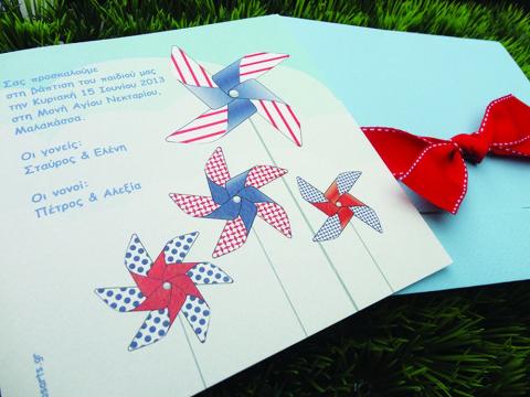 Προσκλητήριο Βάπτισης -B1449 - <p>Τετράγωνο 15x15cm. γκοφρέ προσκλητήριο με θέμα τους ανεμόμυλους.   Tip: Μπορεί να βγει και στην οικονομική σειρά!</p>...