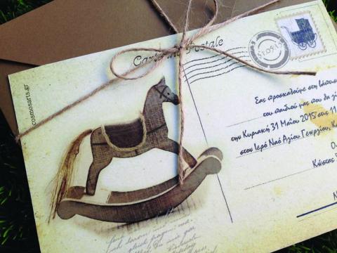 Προσκλητήρια Βάπτισης Cart Postale -Β1516 - <p>Μοναδικό προσκλητήριο βάπτισης cart postale σε ανακυκλωμένο φάκελο και κάρτα σε γήινες αποχρώσεις και θέμα το αλογάκι.</p>...